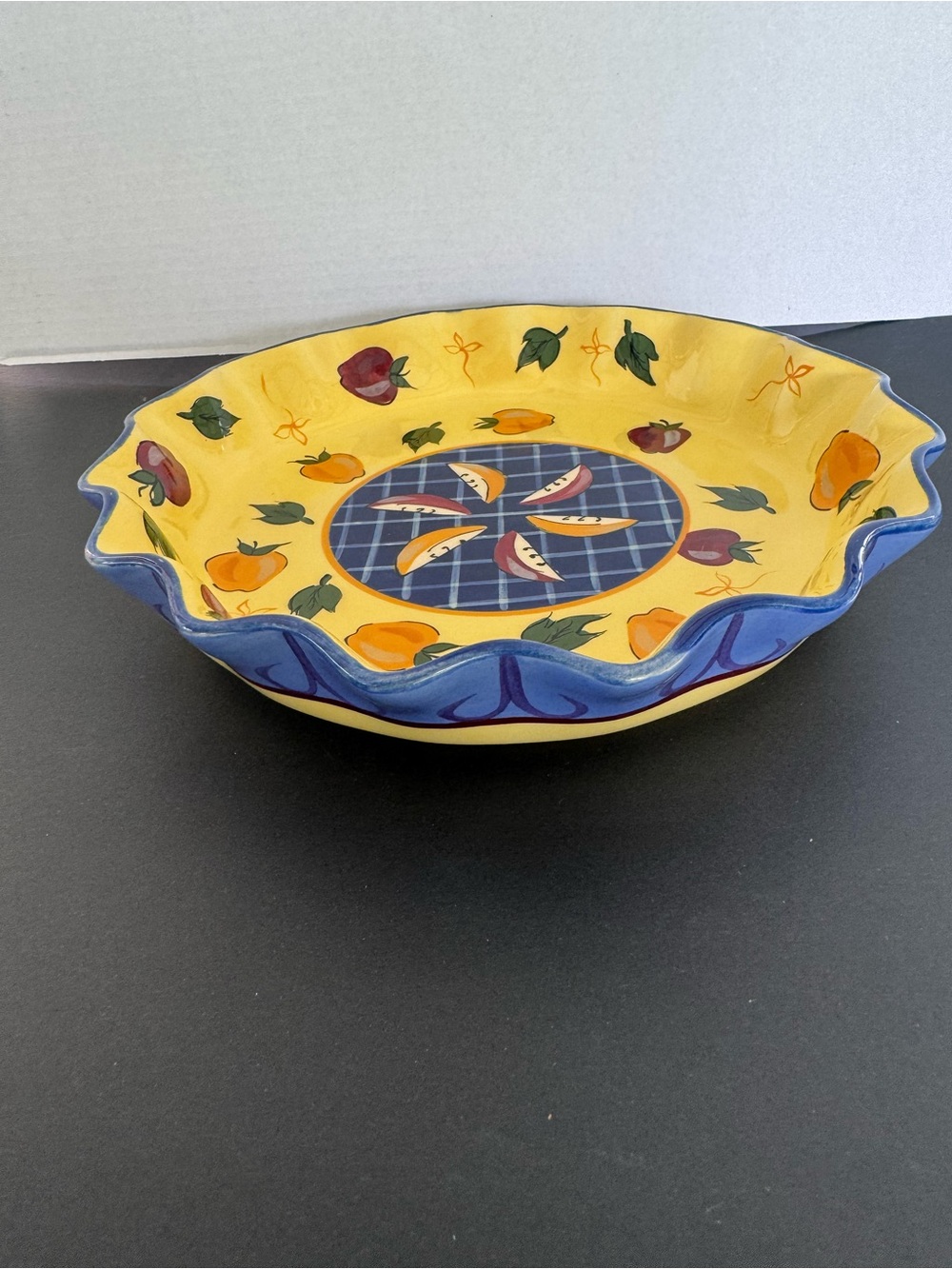 Hand-Painted Yellow and Blue Fruit Ceramic Serving Bowl
